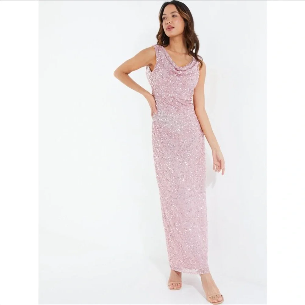slim fit dress slacks Dusty Pink Sequin and Feather Dress with Beaded Straps – Glitter Maxi –  WonderlandByLilian main image 1